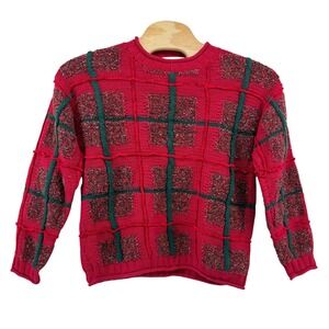 Vintage All Week Long Red Plaid Textured Knit Sweater Women's Medium Christmas